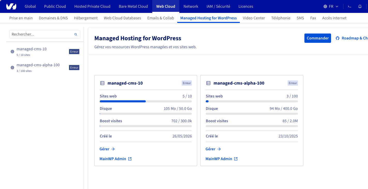 Elenco delle risorse Managed Hosting for WordPress con un pulsante Gestisci su ogni scheda risorsa