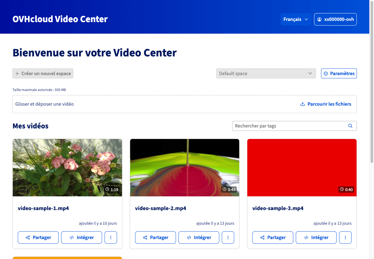 Interface principale du Video Center avec la zone d’import et la liste des vidéos