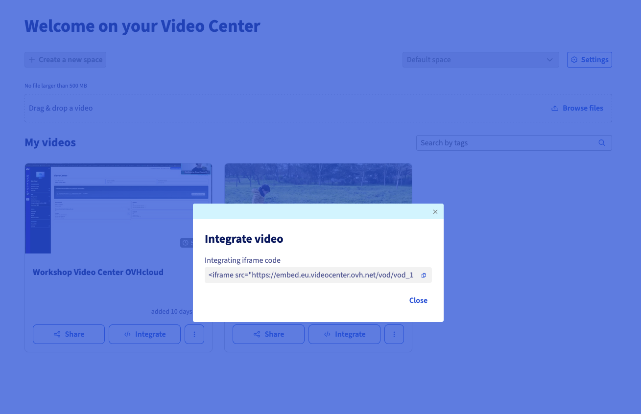 Share / Embed code button displaying the iframe code of a video in Video Center