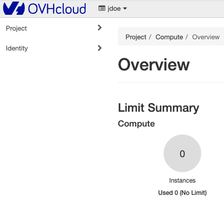 Menu of the OpenStack Horizon interface