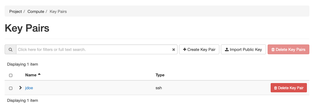 Screenshot of the Key Pairs section