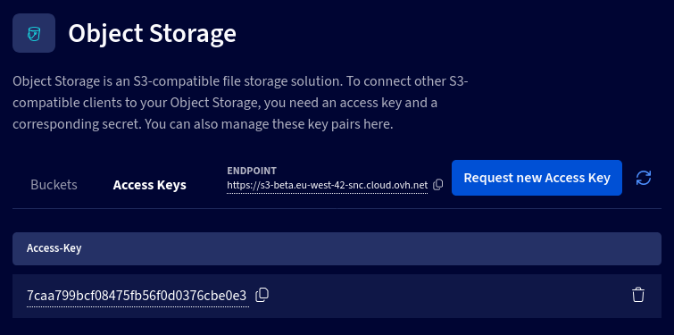 Liste des Access Keys Object Storage