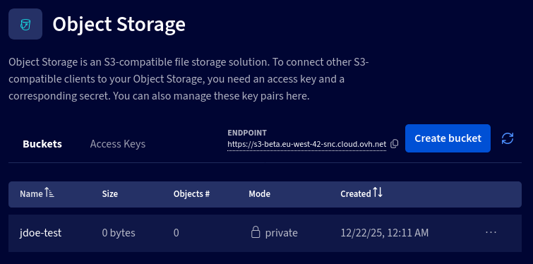 Liste des buckets Object Storage