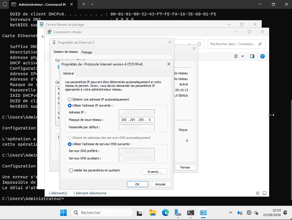 Static IPv4 configuration window filled in with the public IP, mask, gateway and DNS