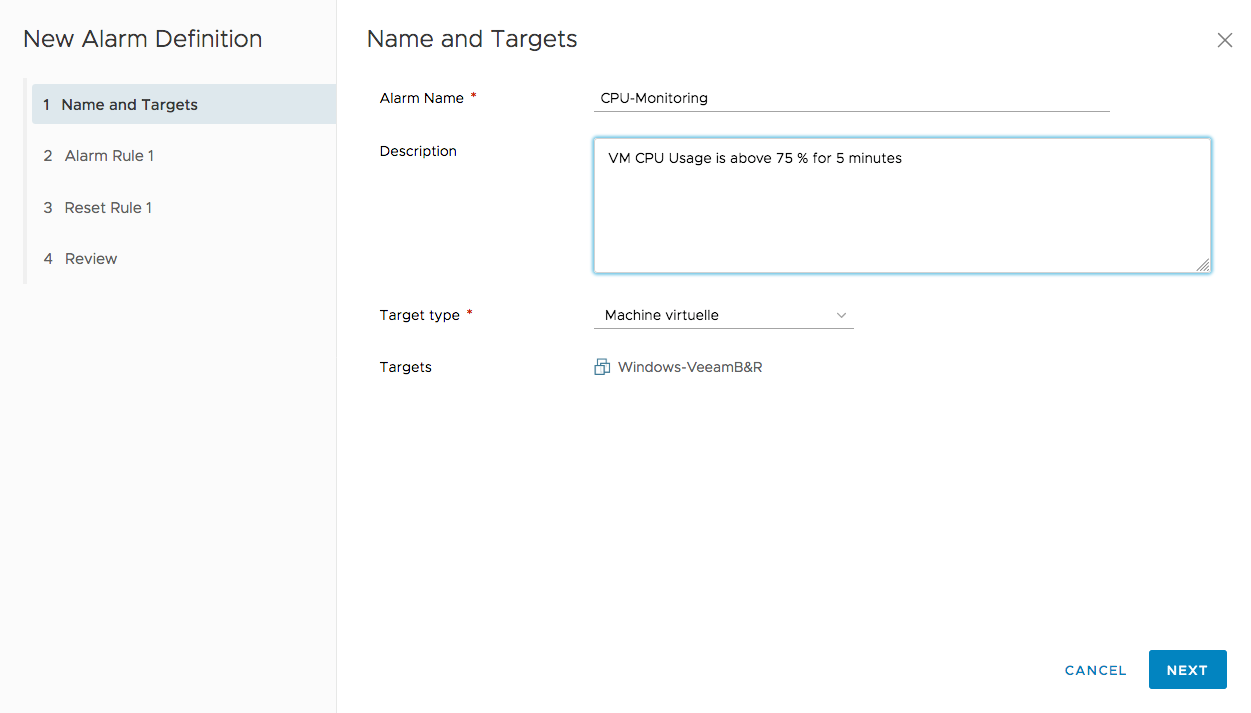 Nome e destinazione dell'alert