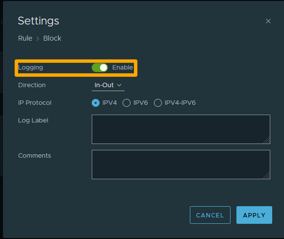 Activation of logs for the rule