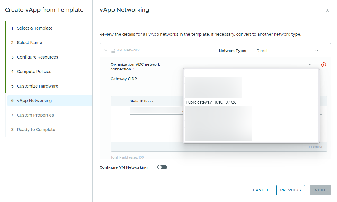 Select Direct network type and gateway
