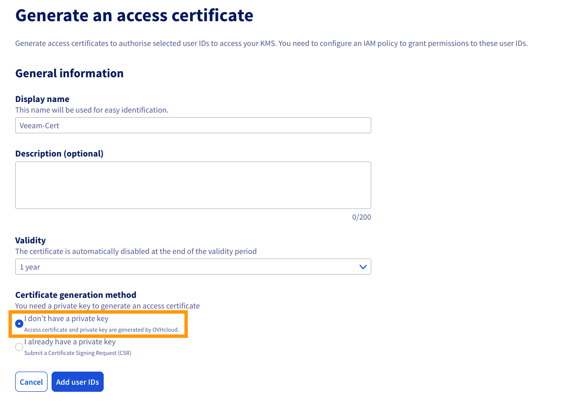 Generate Access Certificate - No Private Key