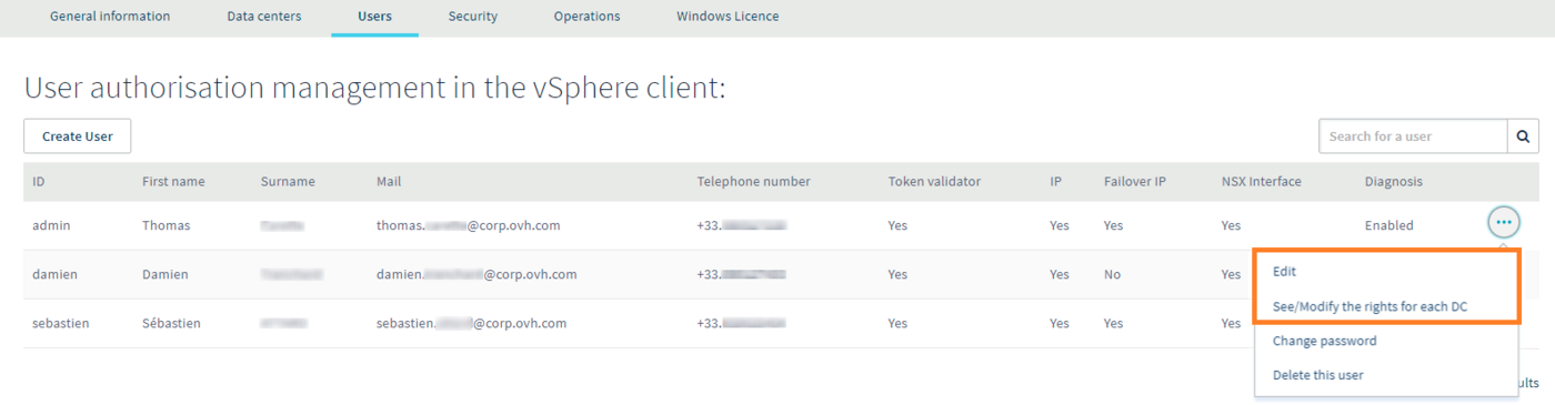 Edição dos parâmetros dos utilizadores