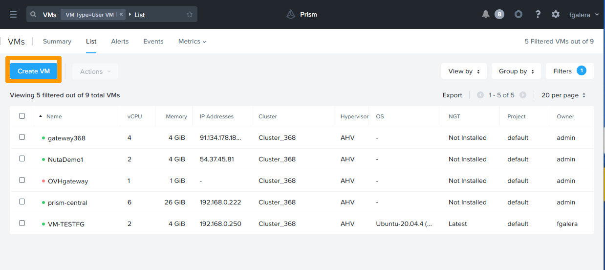 Prism Central dashboard - VM management
