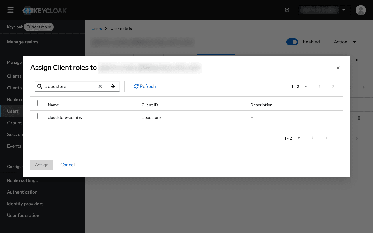 Assigning the cloudstore-admins role in OPCP Core Keycloak