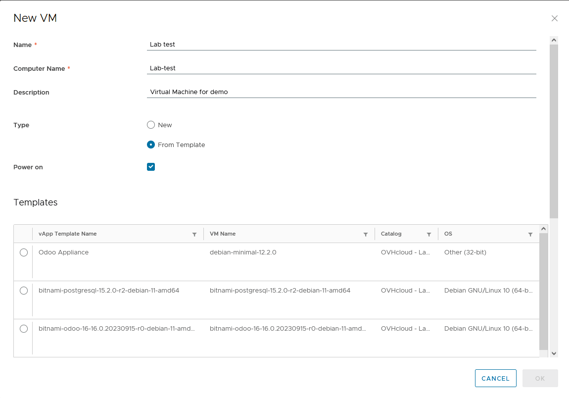 Menu VM Creation