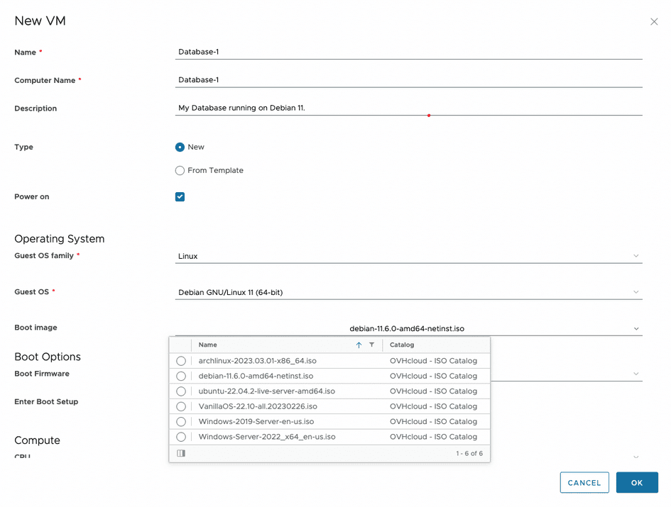 Menu VM Creation