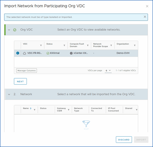 Public VCF as-a-Service Network Datacenter Groups Network Import