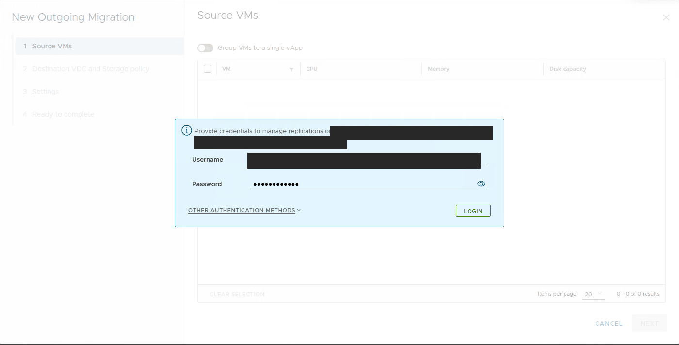 Authentication in the migration wizard