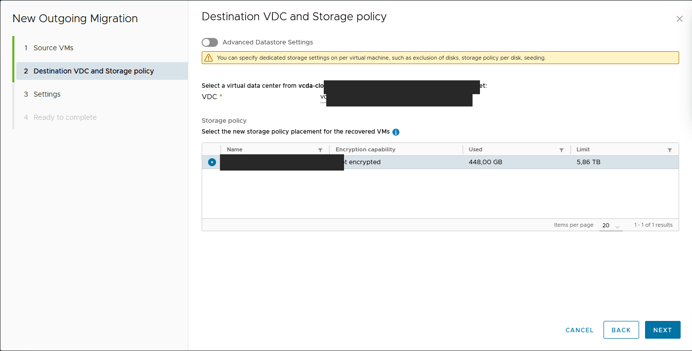 vDC and storage policy selection