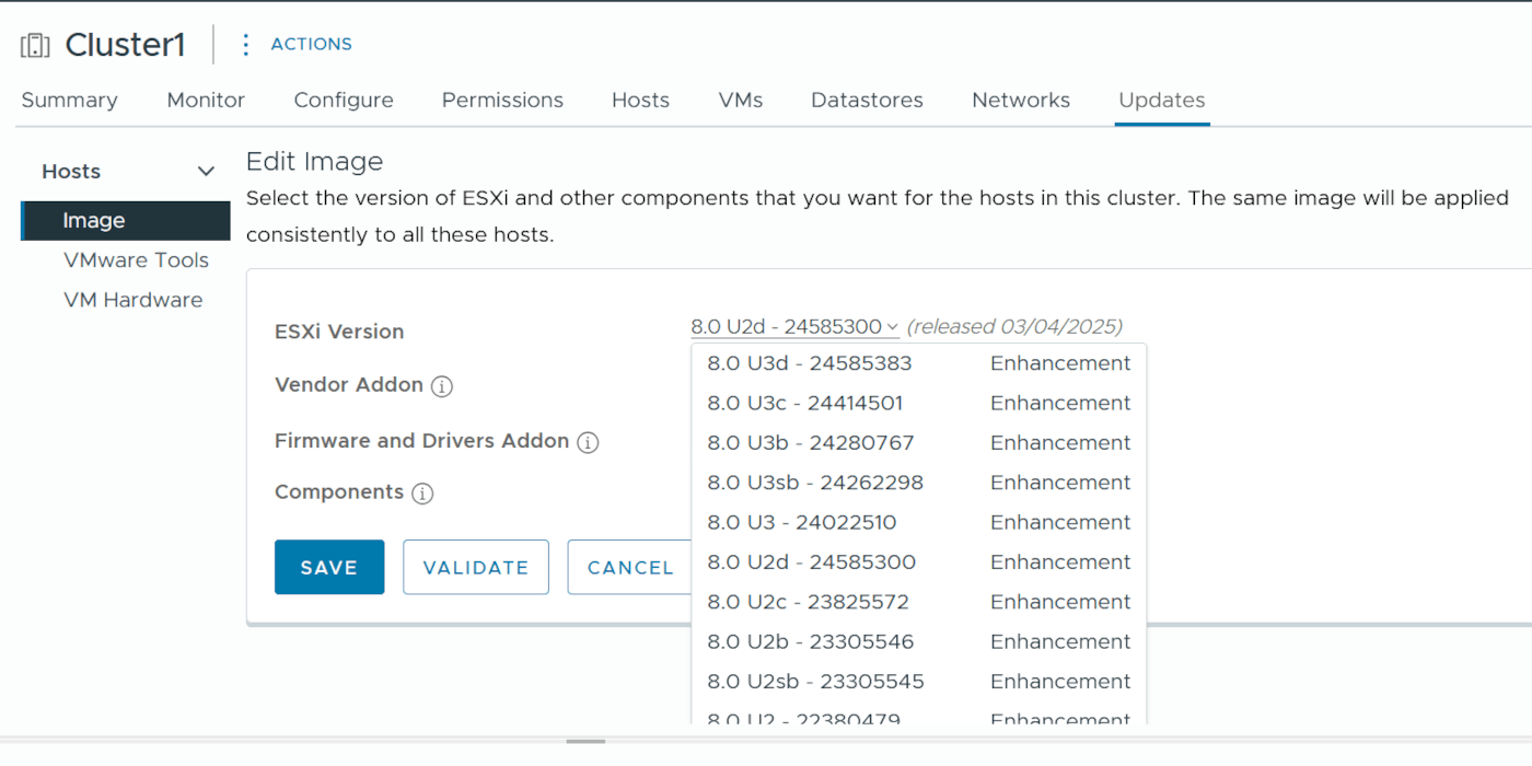 Selecting a new ESXi version