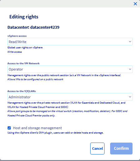 Editing rights modal