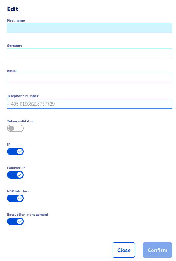 User rights edit window