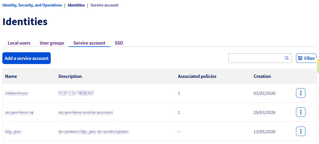 Liste des comptes de service dans l'espace client OVHcloud