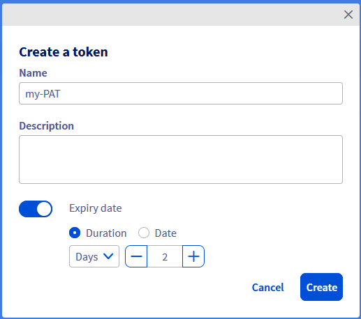 Formulaire de création d'un token avec les champs nom, description et durée d'expiration