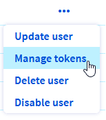 Option Gérer les tokens dans le menu d'actions de l'utilisateur local