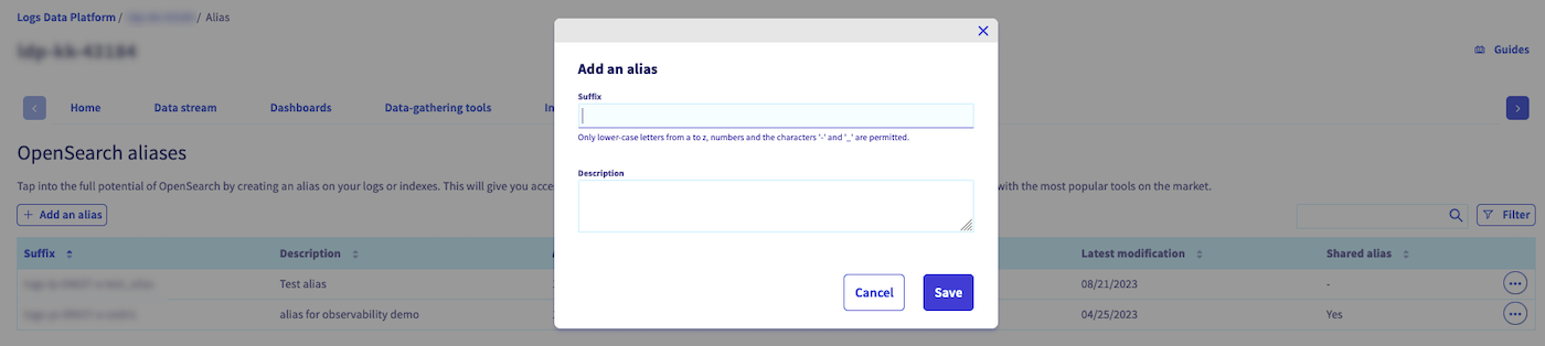 Logs Data Platform homepage alias creation