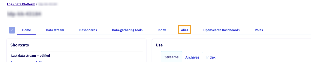 Logs Data Platform homepage alias button location