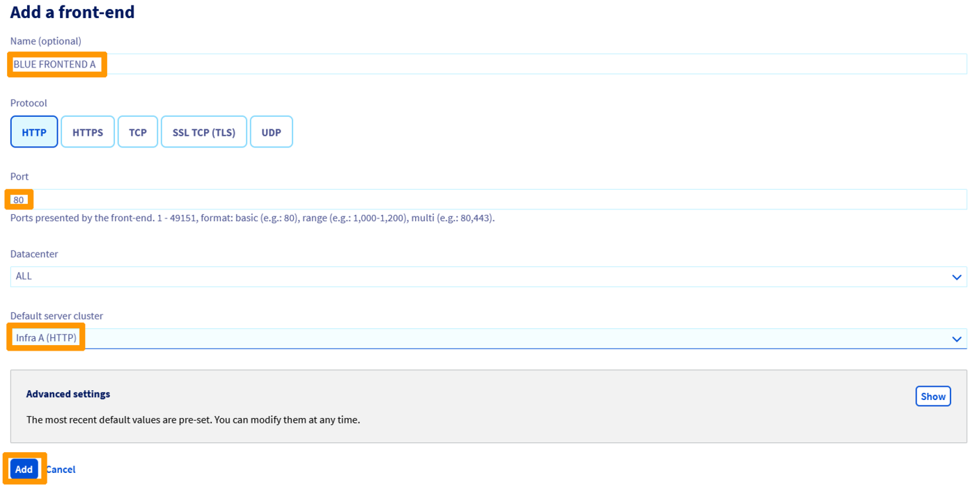 Enter the blue front-end’s configuration