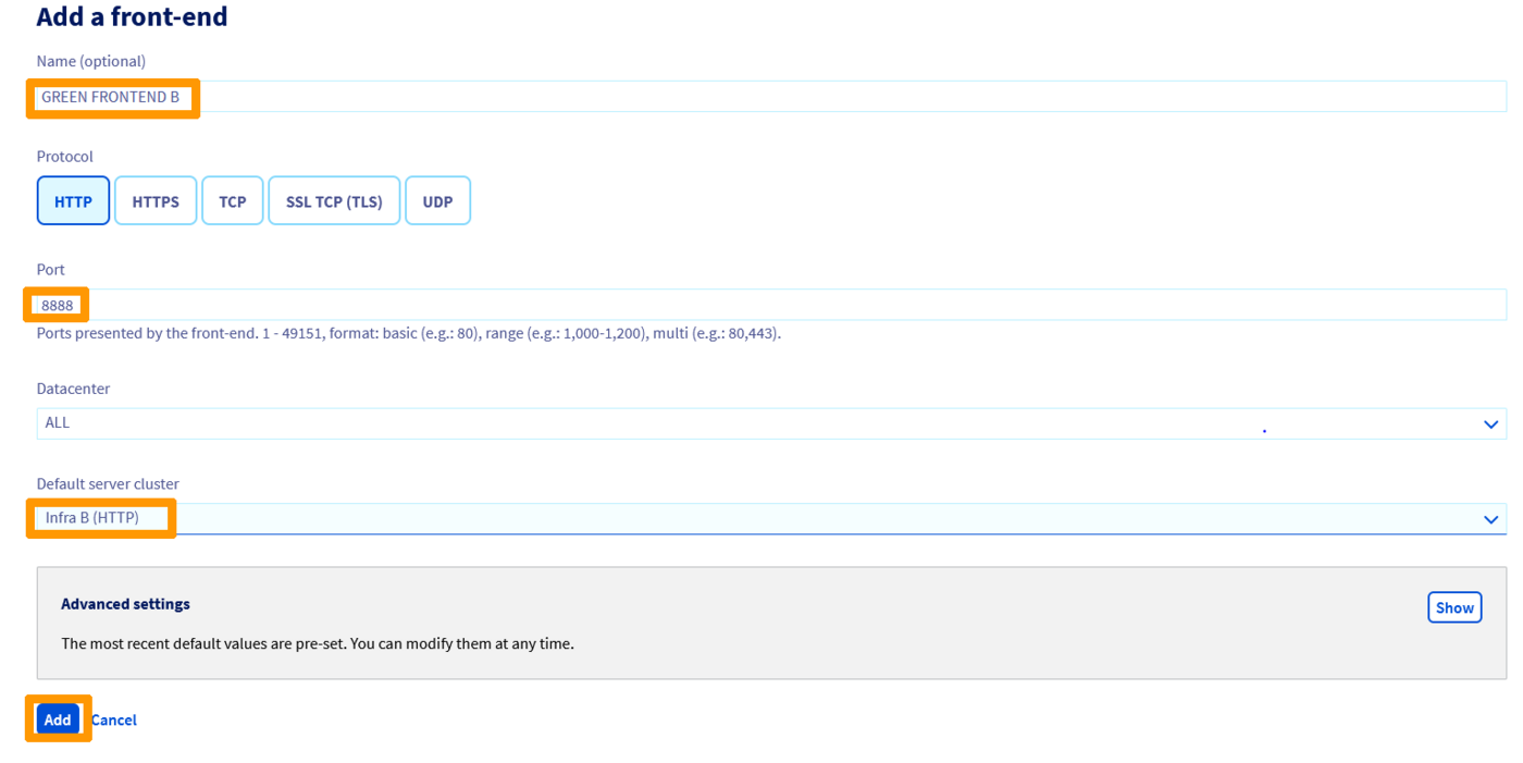 Enter the green front-end’s configuration