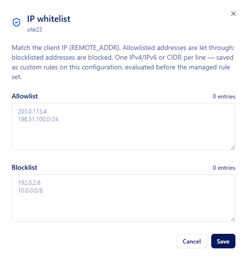 L'éditeur IP whitelist avec les champs allowlist et blocklist