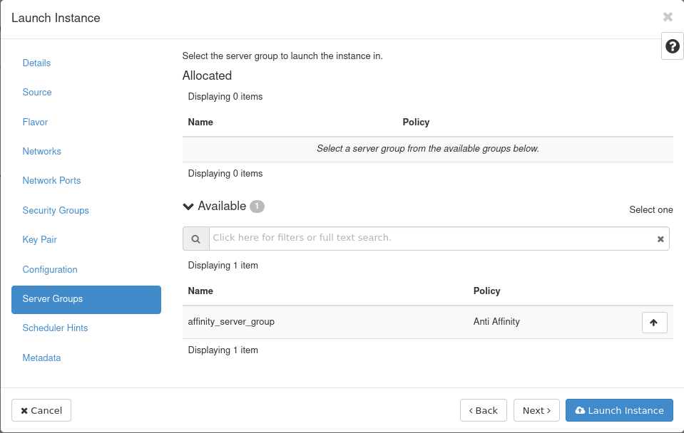create server with server group OpenStack