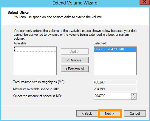 Extend Volume Wizard mit Auswahl der Diskressourcen