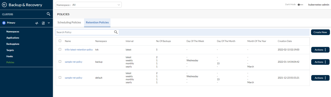 TVK Default Retention Policy