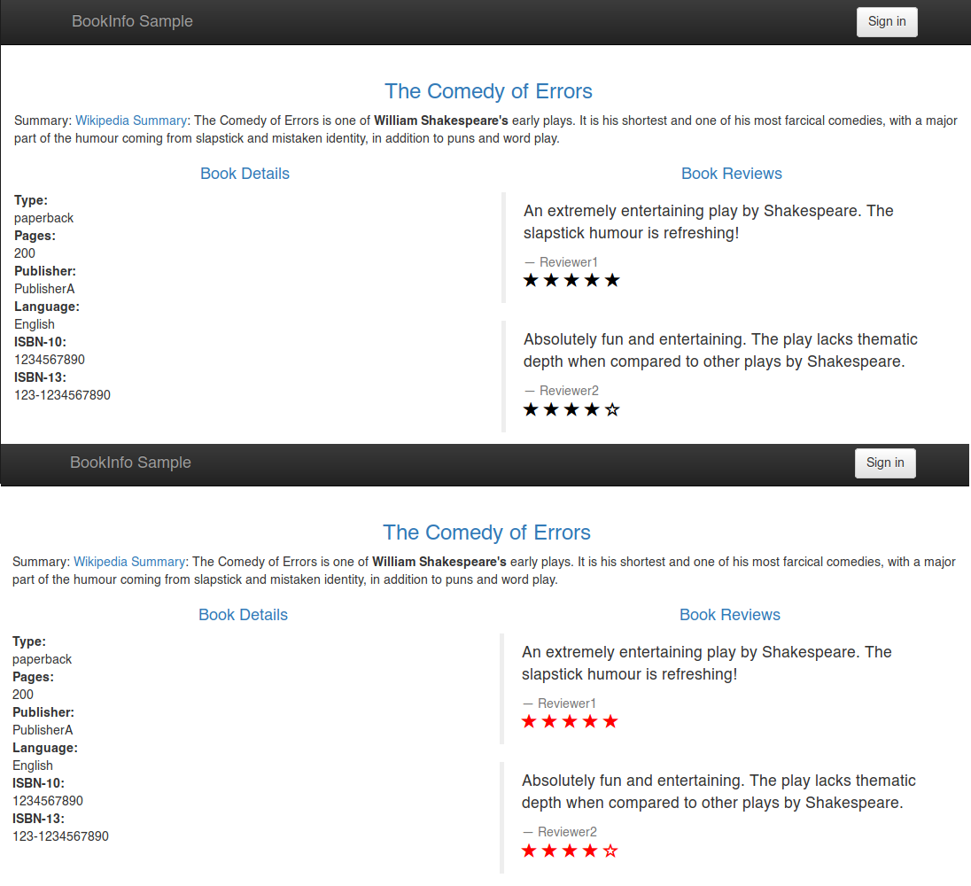 A/B Testing - At every refresh you will see that stars change alternatively between back (`v2`) and red (`v3`)
