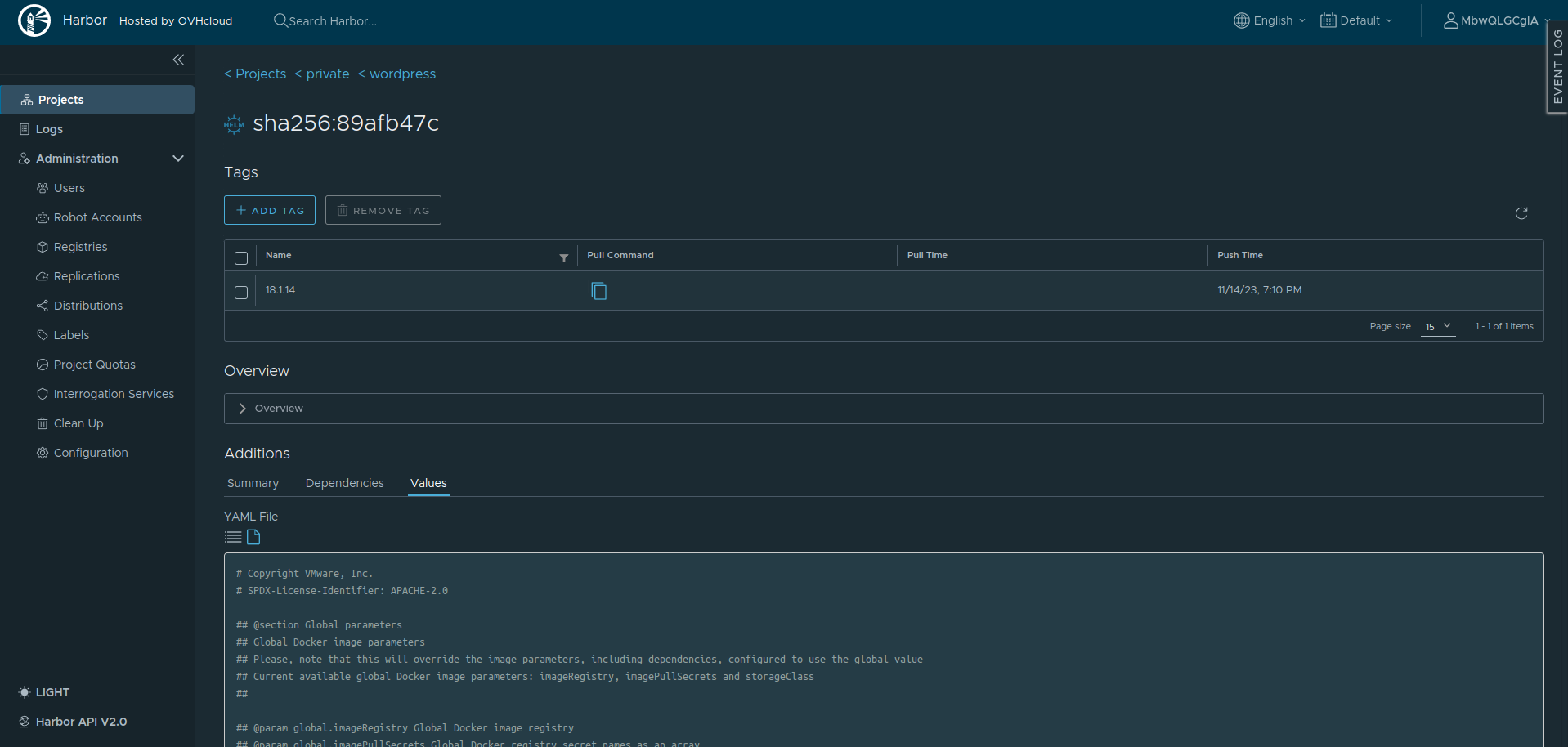 Chart version details - Values
