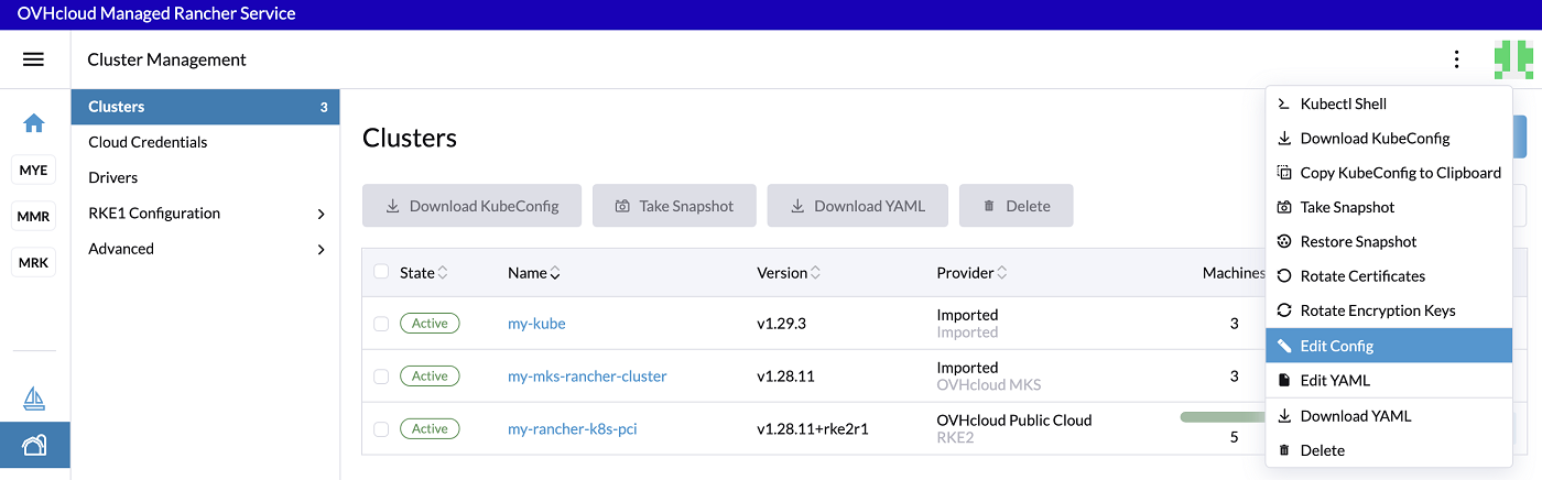 OVHcloud Managed Rancher Service UI