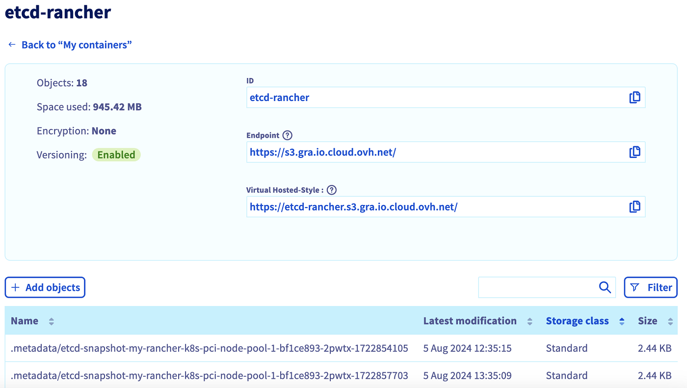 OVHcloud object storage bucket etcd snapshots