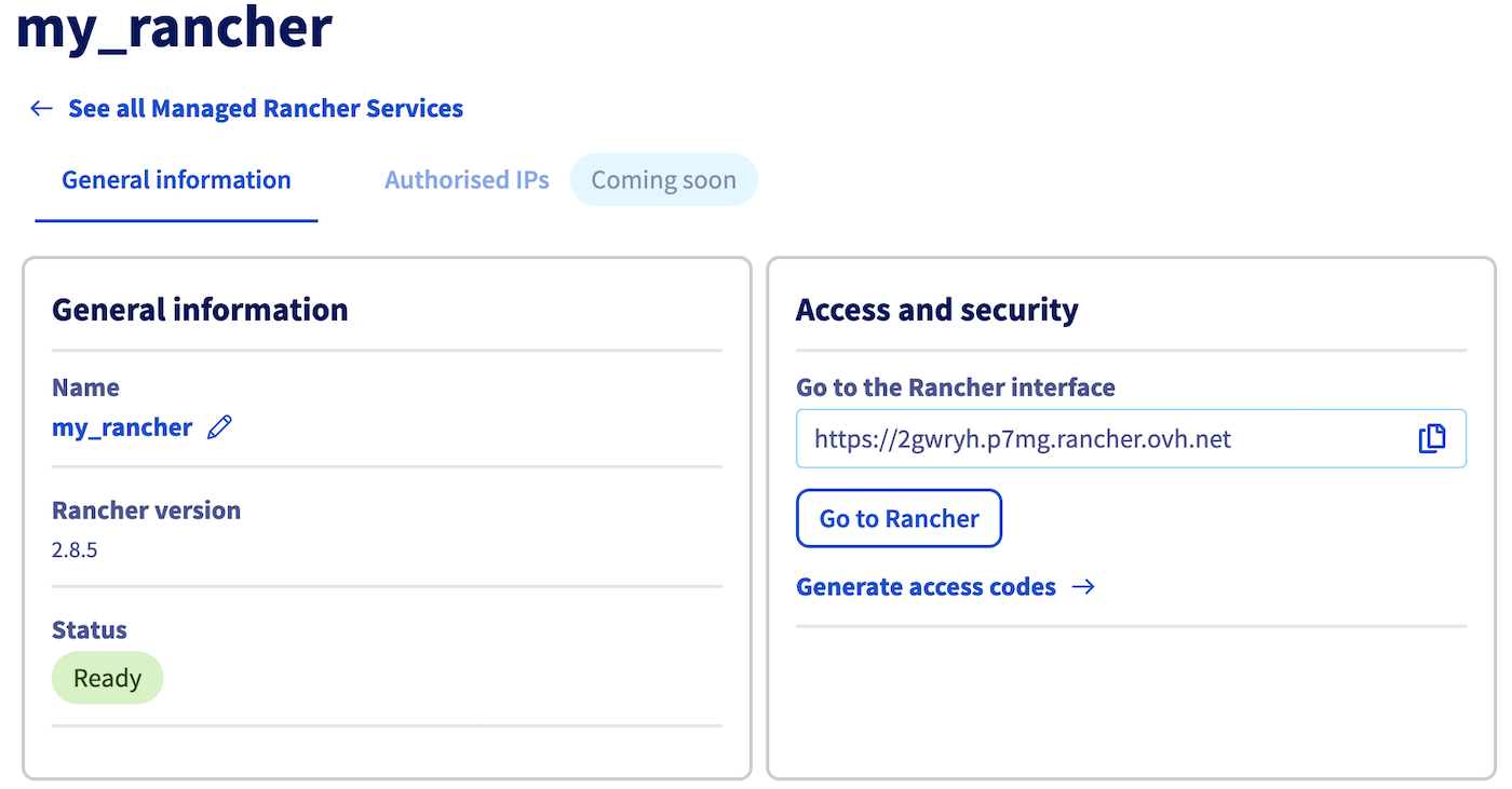 OVHcloud Managed Rancher Service access
