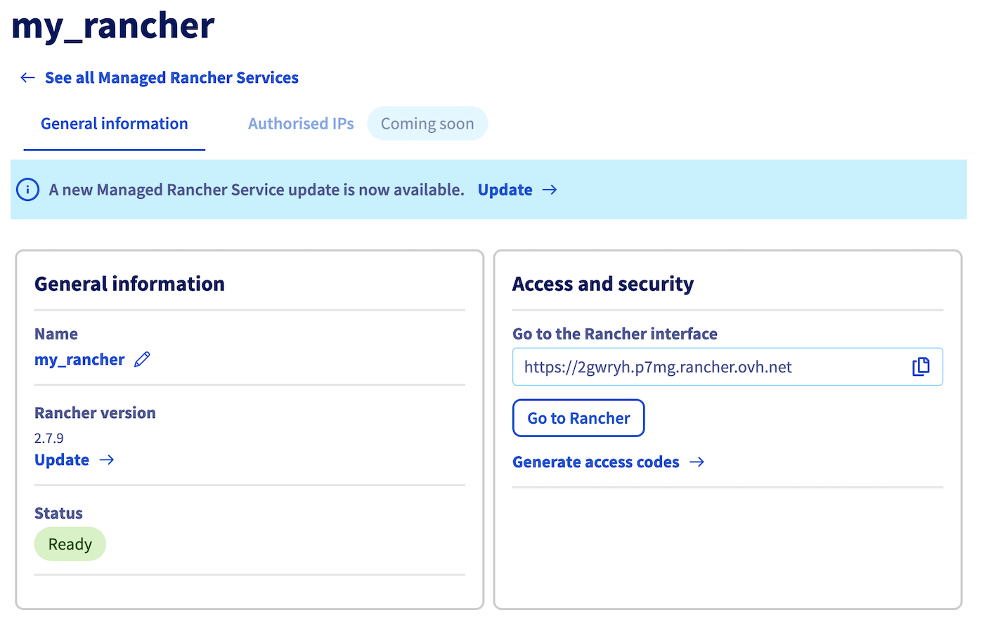 OVHcloud Managed Rancher Services to update