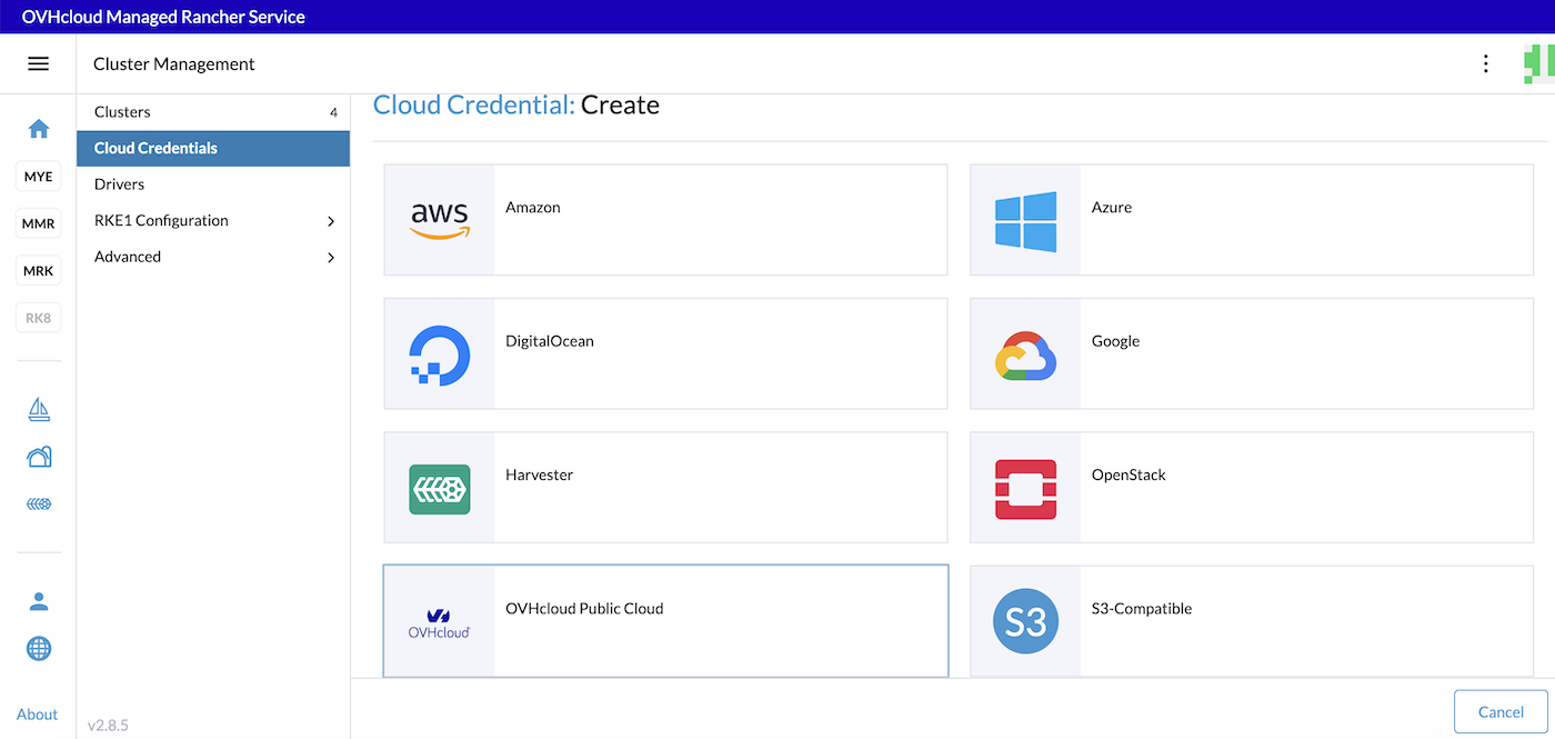 OVHcloud Managed Rancher Service PCI credentials UI