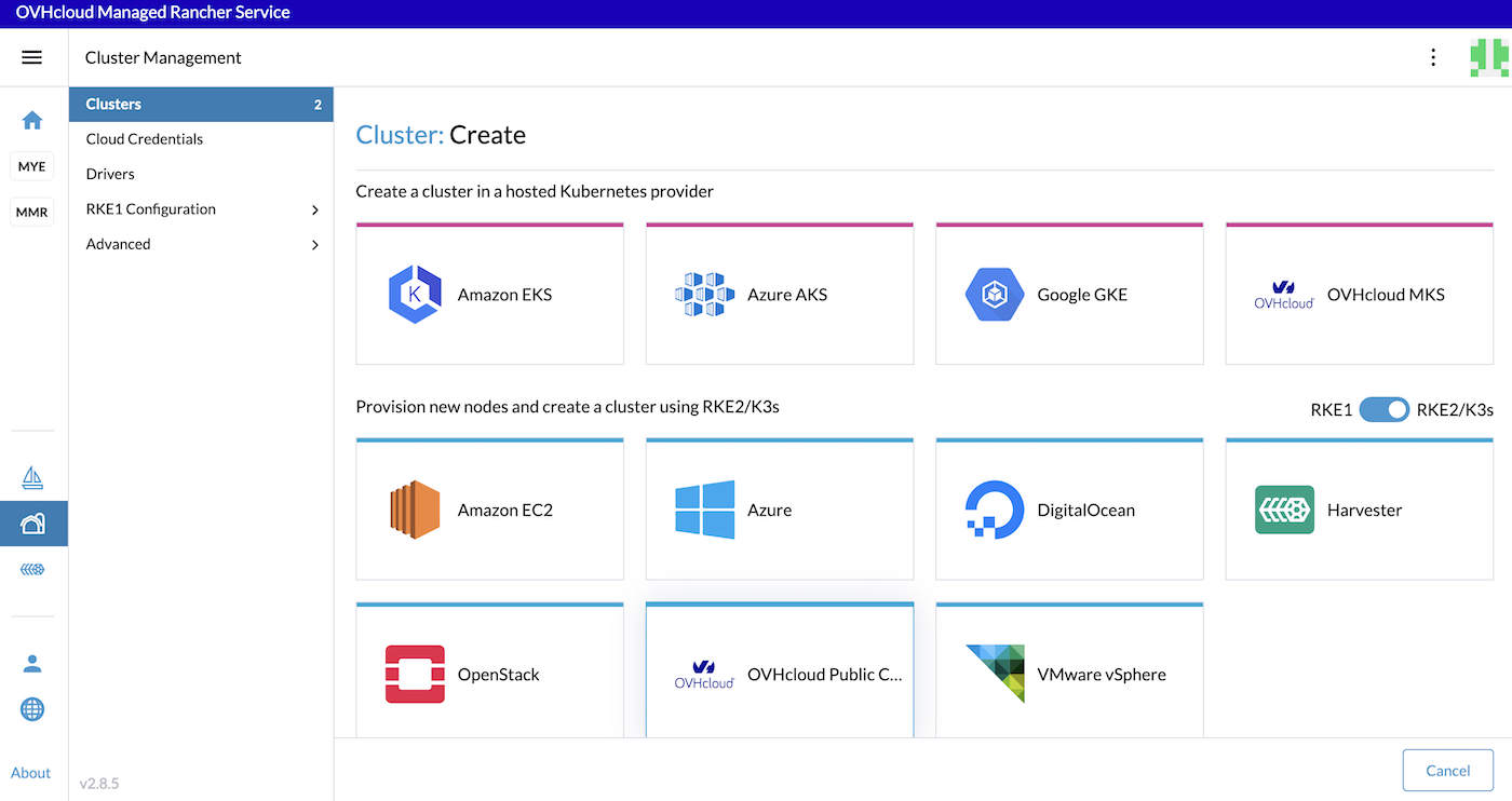 OVHcloud Managed Rancher Service Create Kubernetes PCI