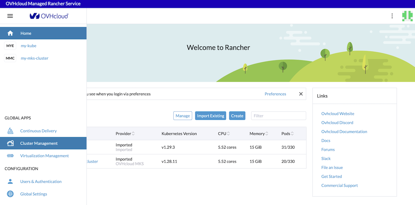 OVHcloud Managed Rancher Service UI