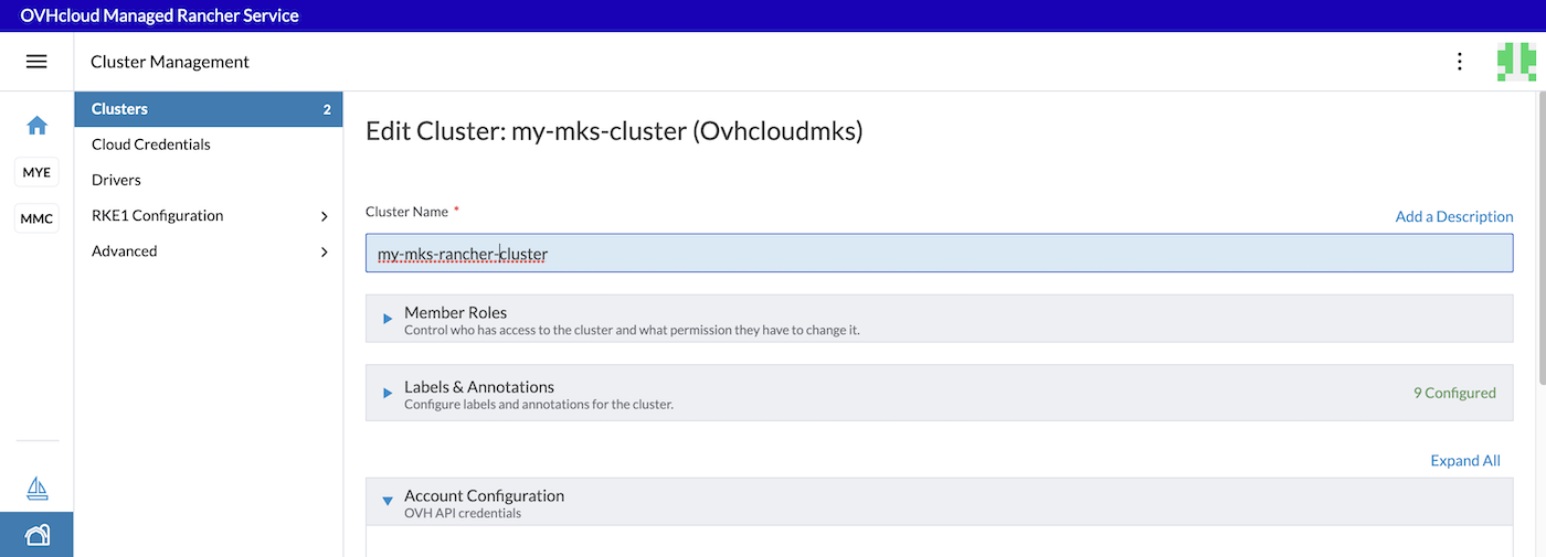 OVHcloud Managed Rancher Service UI