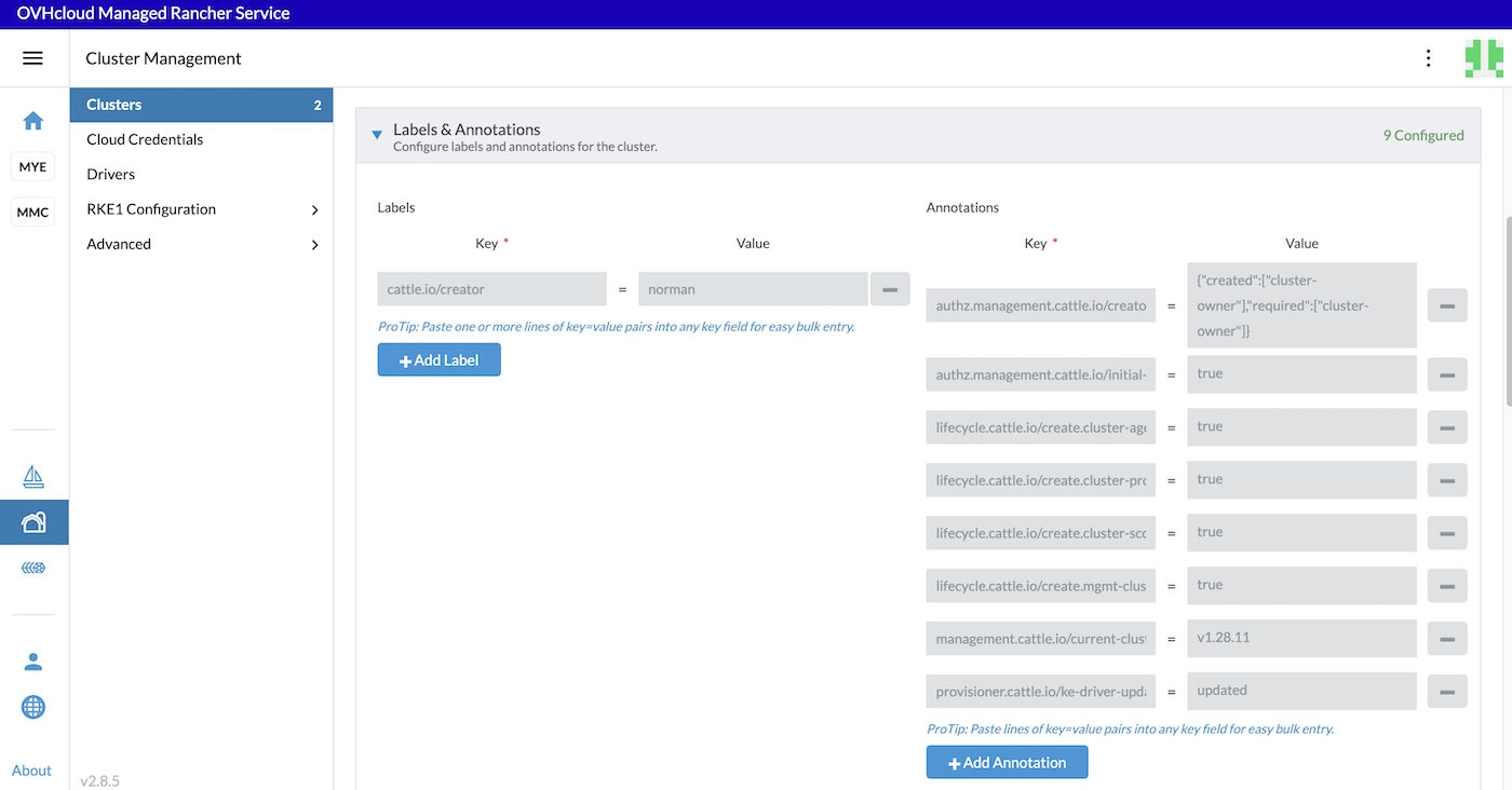 OVHcloud Managed Rancher Service UI