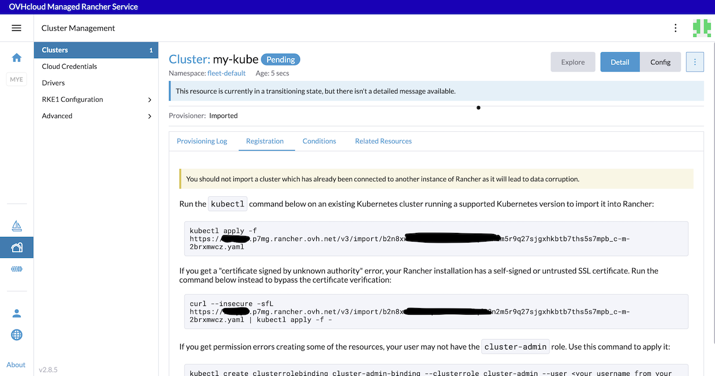 OVHcloud Managed Rancher Service UI Register Cluster Instructions