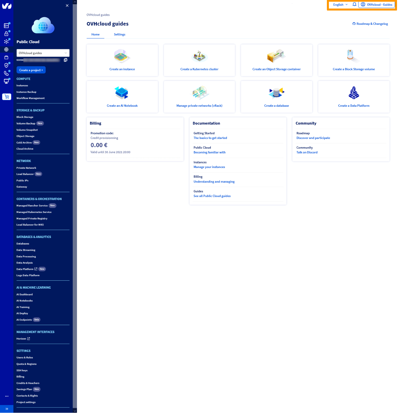 Public Cloud Interface - Account Menü
