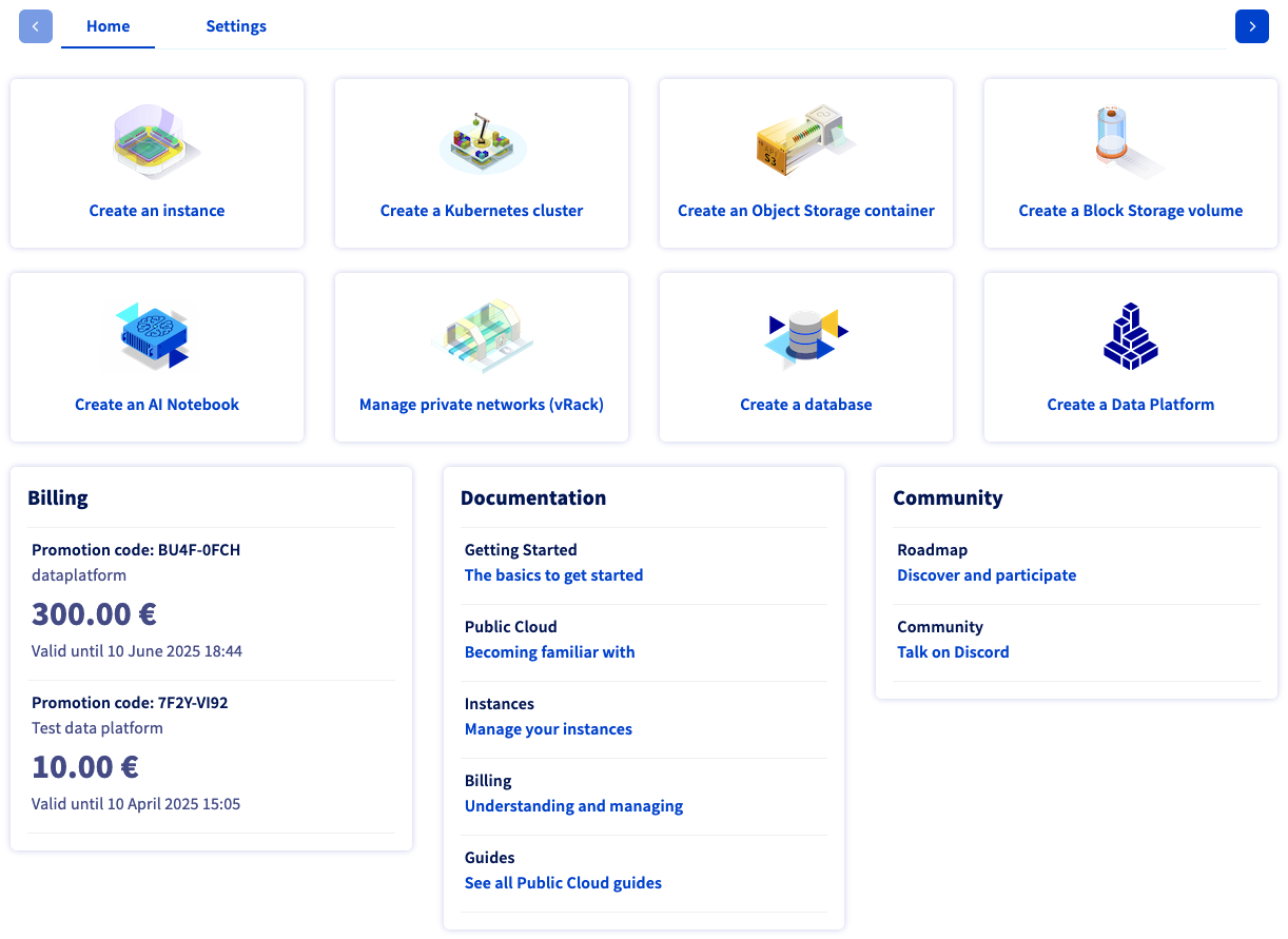 Public Cloud project landing page