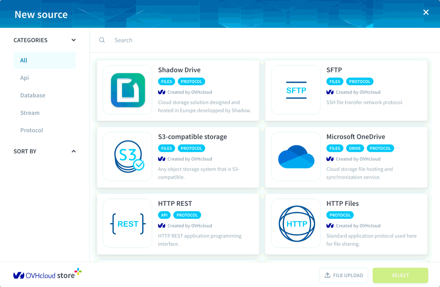 The New source window listing source types, with the File Upload button at the bottom