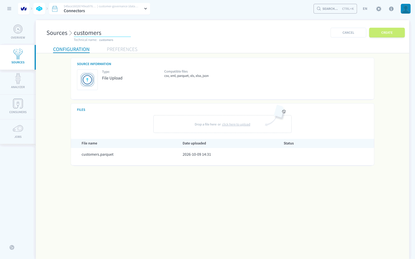 The File Upload source customers being created, with customers.parquet listed in the Files area